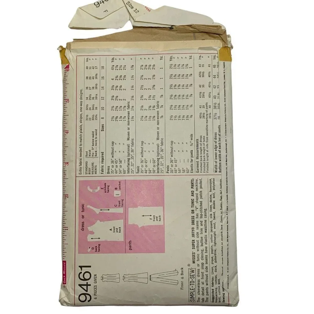 Vintage 70s Simplicity 9461 Pattern Misses 8-18 Mod Dress Tunic Pants Uncut